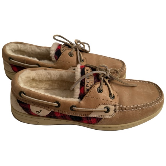 Sperry Top Sider Shoes Size 7.5 Tan Leather Sheep Wool Lined Buffalo Plaid - Picture 1 of 9